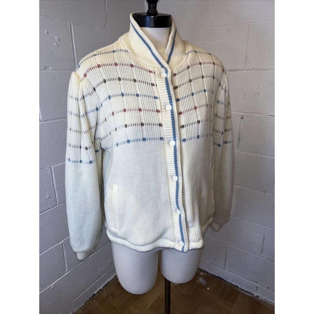 Vtg Coat 80s‎ 90s Reversible Sweater Jacket Blue White Knit Sz sm Crest Hollow